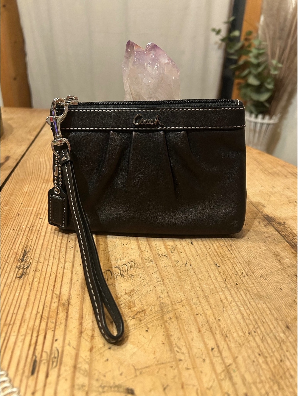 Coach Brown Pleated Leather Wristlet